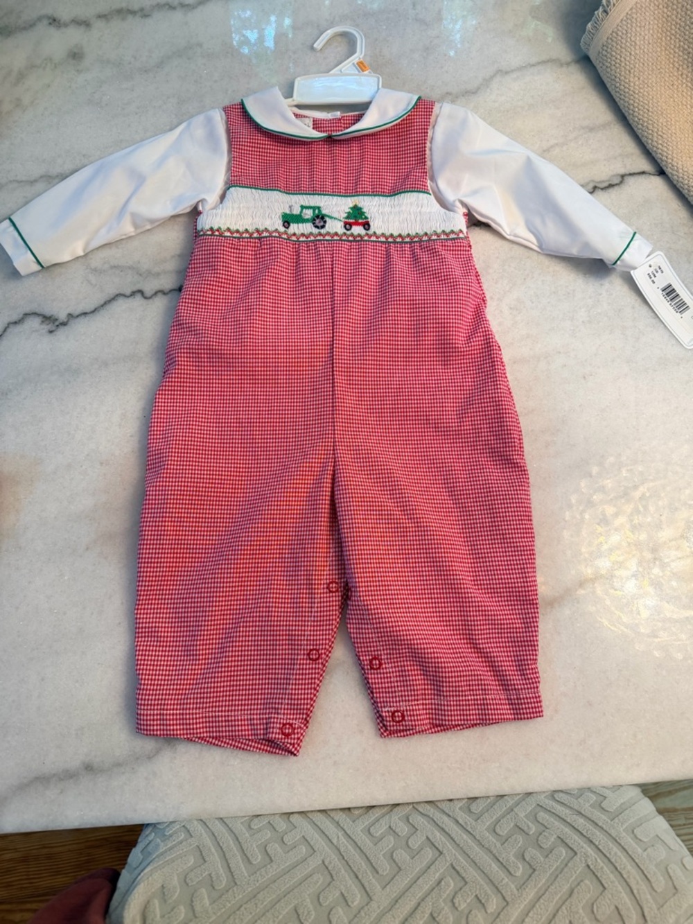 Petit Ami Red Gingham Smocked Kids Romper with Tractor Embroidery